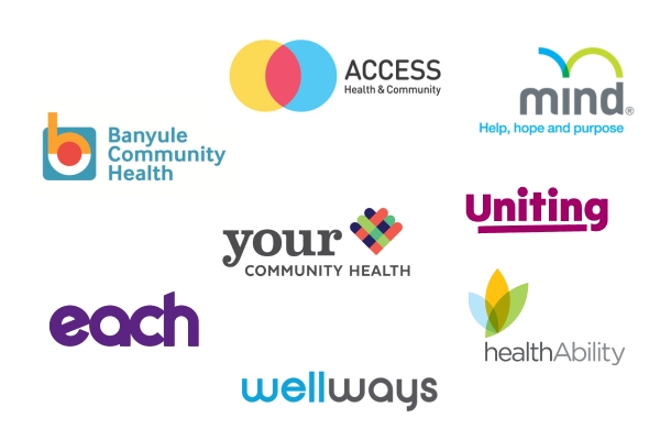 Shows logos for Access Health & Community, Banyule Community Health, Each, Your Community Health, Wellways, HeathAbility, Uniting, Mind: Help, hope and purpose